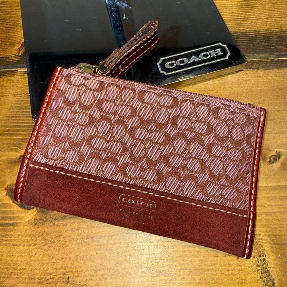 Vintage Burgundy Coach‎ Signature Canvas & Suede Card Holder Coin Purse Keychain
